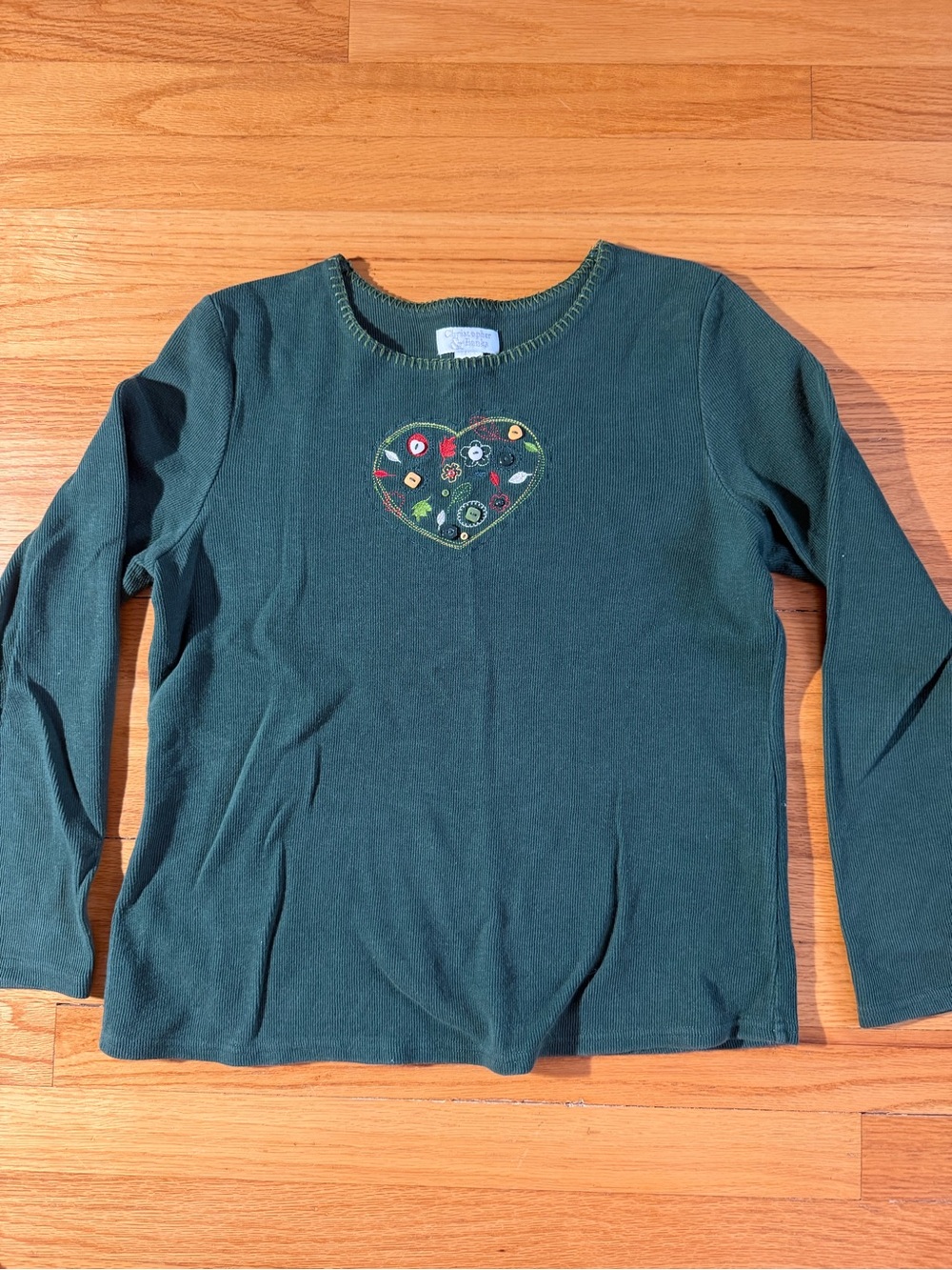Christopher & Banks Grandmacore Dark Green Fall Heart Appliqué Long Sleeve Top